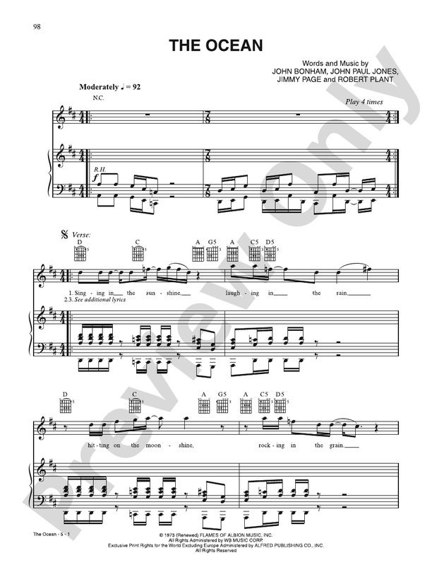 The Ocean Piano/Vocal/Guitar Led Zeppelin Digital Sheet Music Download