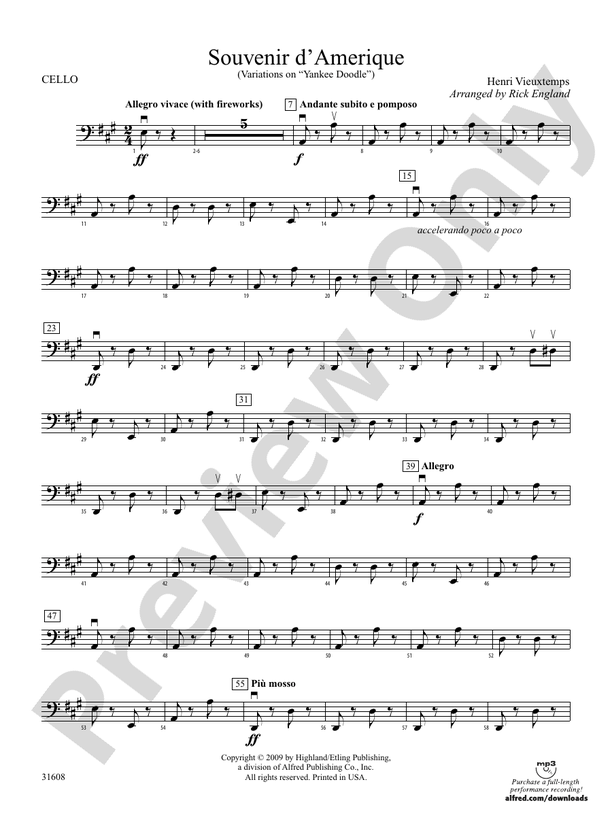 Souvenir d'Amerique Cello Cello Part Digital Sheet Music Download