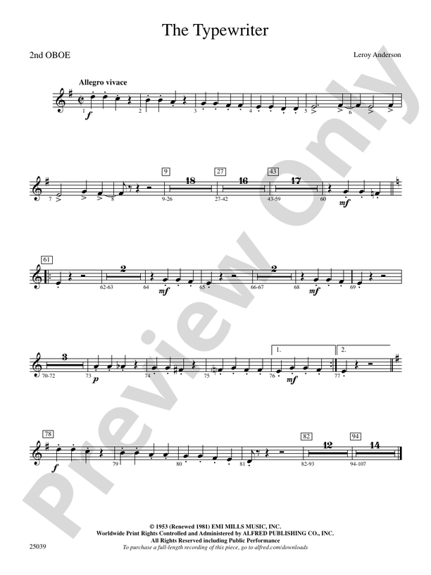 The Typewriter 2nd Oboe 2nd Oboe Part Digital Sheet Music Download