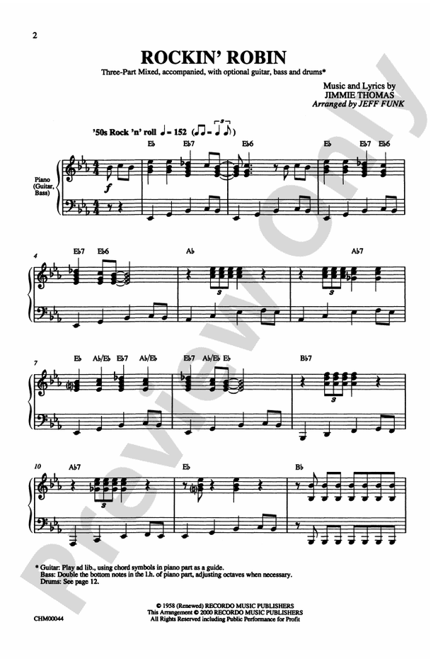 Rockin' Robin 3Part Mixed Choral Octavo Jimmie Thomas Digital