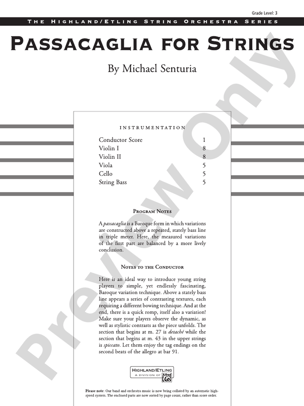 Passacaglia for Strings String Orchestra Conductor Score & Parts