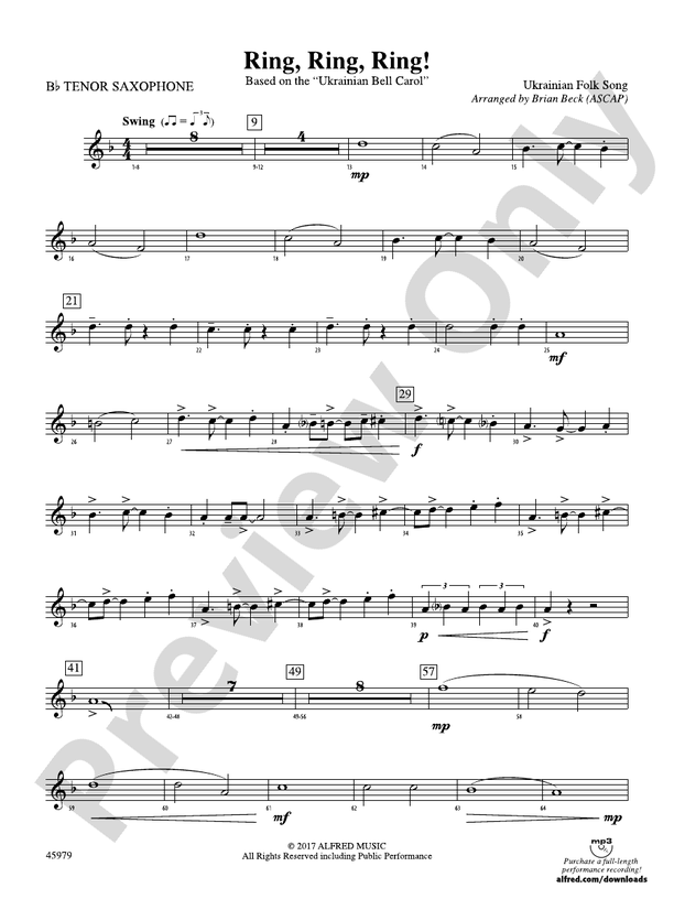Ring, Ring, Ring! Bflat Tenor Saxophone Bflat Tenor Saxophone Part