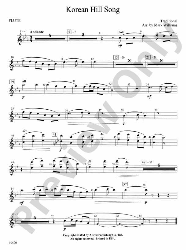Korean Hill Song Flute Flute Part Digital Sheet Music Download