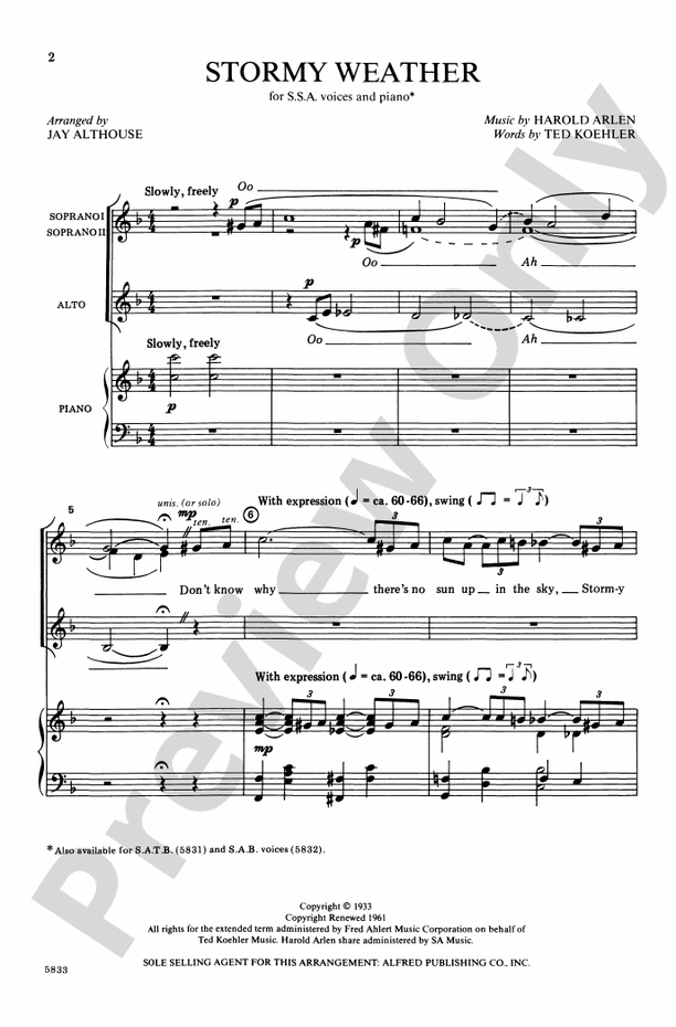 Stormy Weather SSA Choral Octavo Ted Koehler Digital Sheet Music