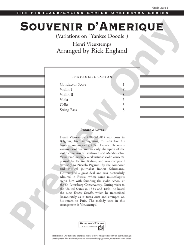 Souvenir d'Amerique String Orchestra Conductor Score & Parts Henri