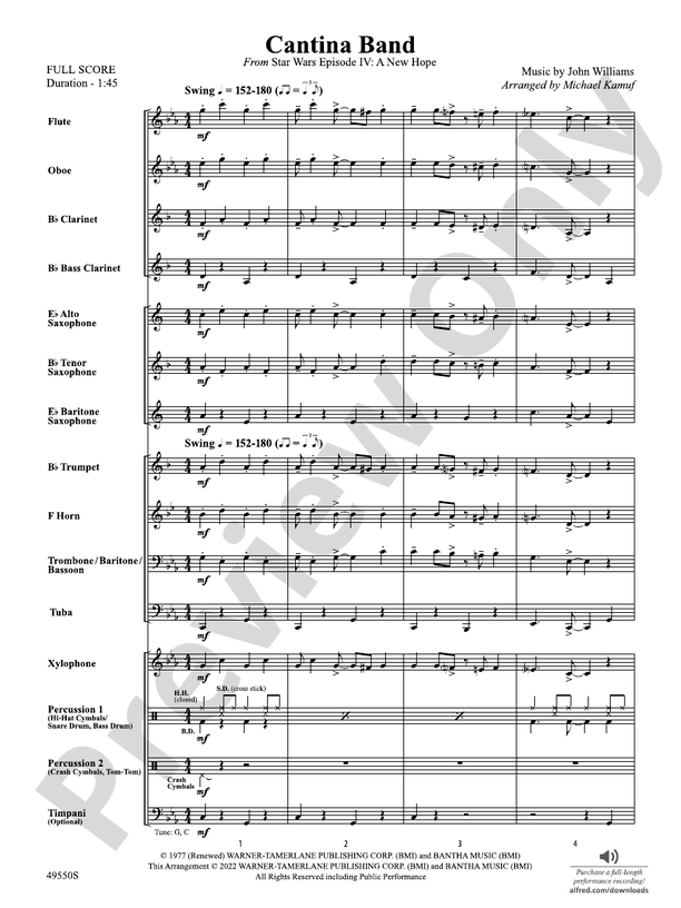 Cantina Band Concert Band Conductor Score & Parts John Williams