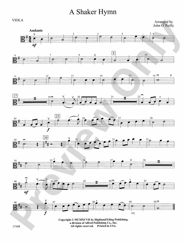 A Shaker Hymn Viola Viola Part Digital Sheet Music Download