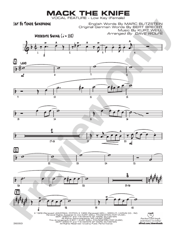 Mack the Knife Bflat Tenor Saxophone Bflat Tenor Saxophone Part