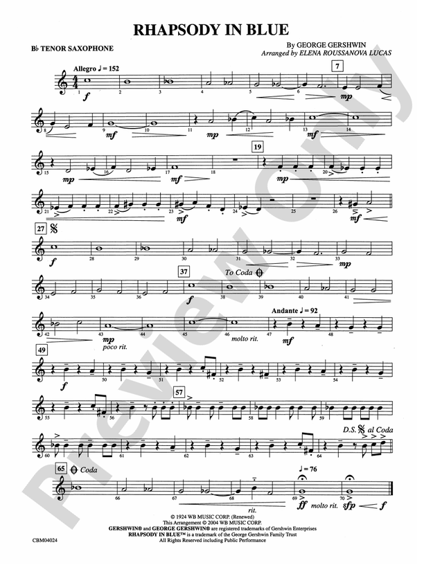 Rhapsody in Blue™ Bflat Tenor Saxophone Bflat Tenor Saxophone Part