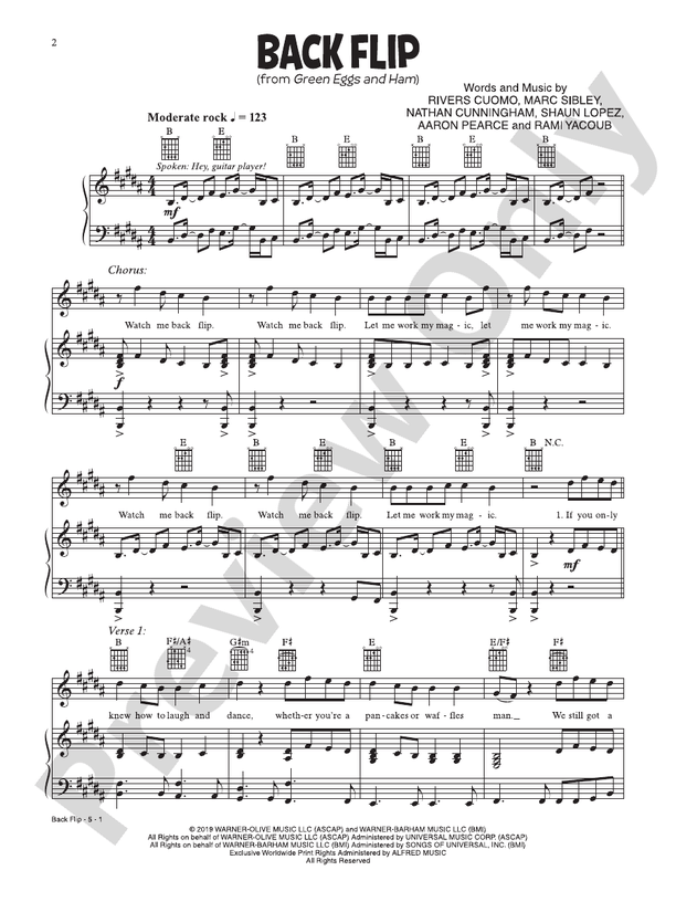 Backflip from Green Eggs and Ham Piano/Vocal/Guitar Rivers Cuomo