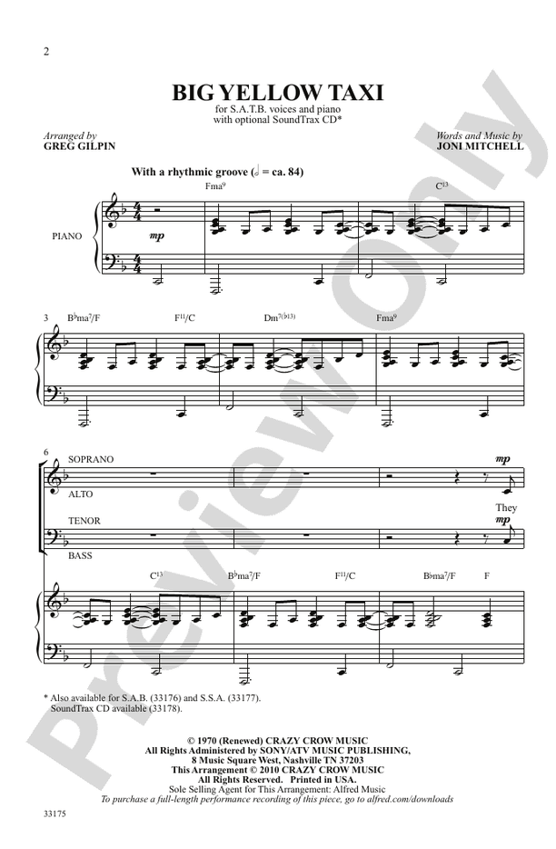 Big Yellow Taxi SATB Choral Octavo Joni Mitchell Digital Sheet