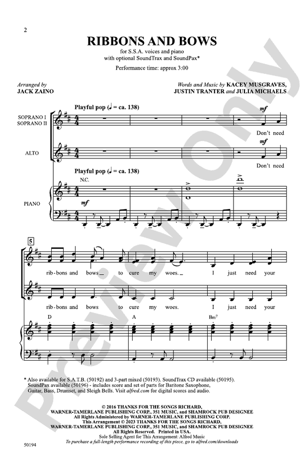 Ribbons and Bows SSA Choral Octavo Kacey Musgraves Digital Sheet