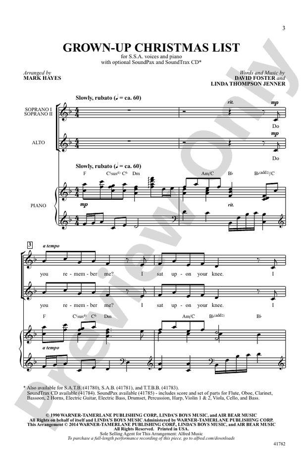 GrownUp Christmas List SSA Choral Octavo Linda Thompson Jenner