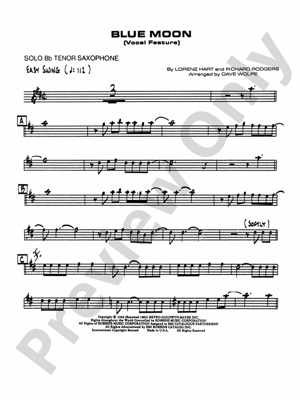 Blue Moon Solo Tenor Saxophone Solo Tenor Saxophone Part Digital