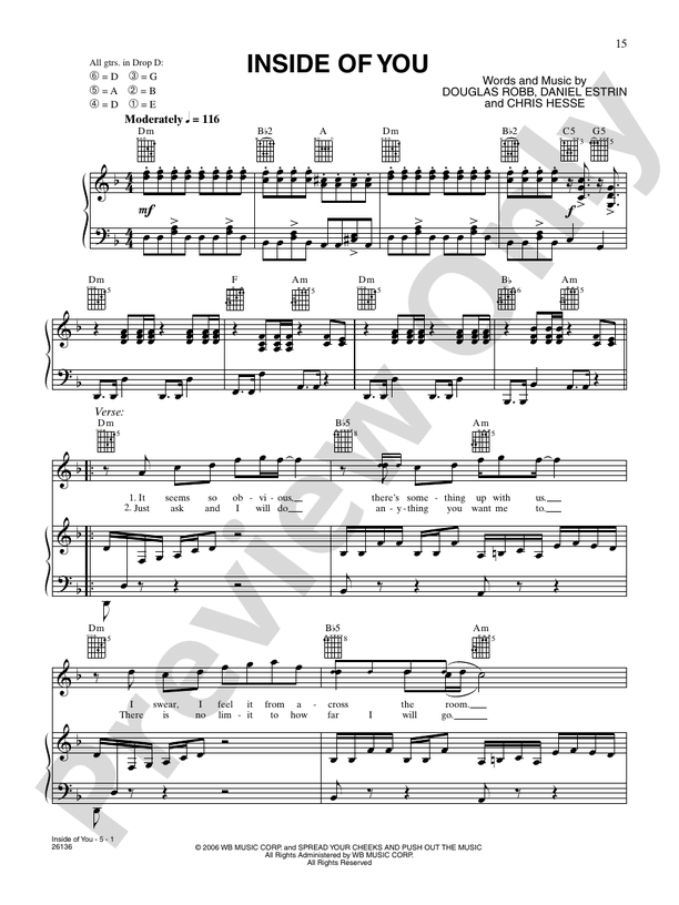Inside Of You Piano/Vocal/Chords Hoobastank Digital Sheet Music