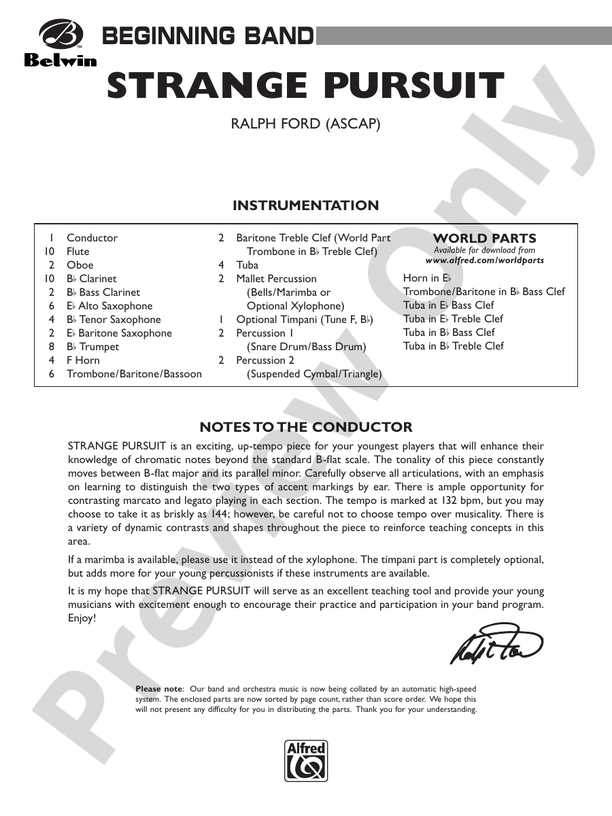 Strange Pursuit Concert Band Conductor Score & Parts Ralph Ford