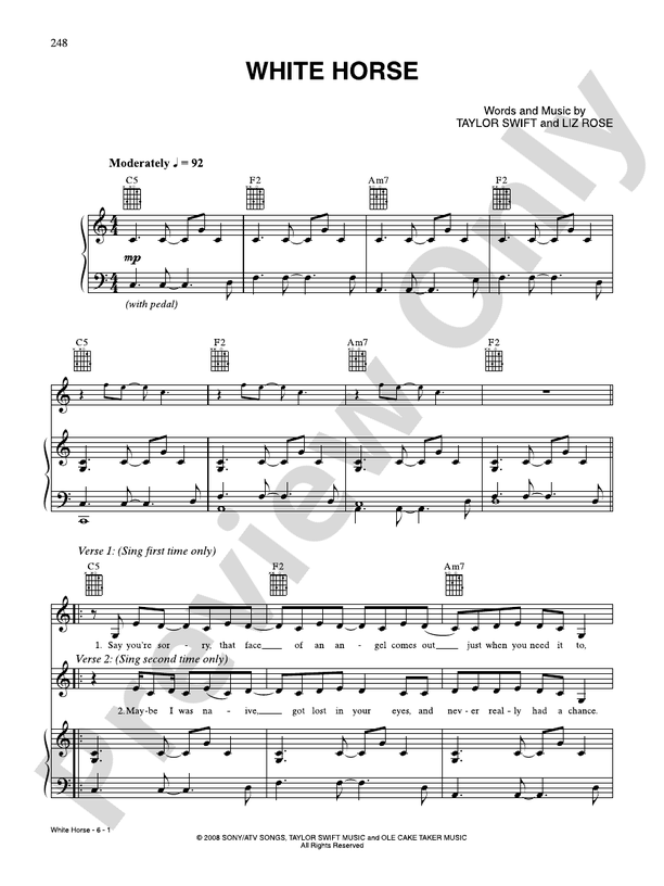 White Horse Piano/Vocal/Chords Taylor Swift Digital Sheet Music
