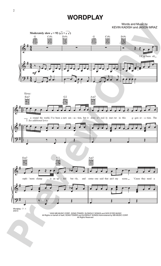 Wordplay Piano/Vocal/Chords Jason Mraz Digital Sheet Music Download