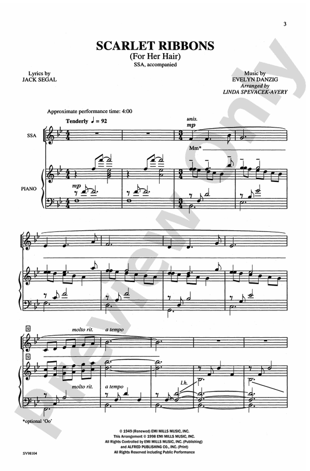Scarlet Ribbons (for Her Hair) SSA Choral Octavo Evelyn Danzig Digital Sheet Music Download