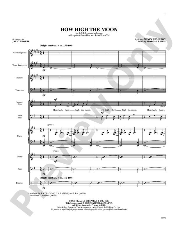 How High the Moon Score Choir Score Digital Sheet Music Download