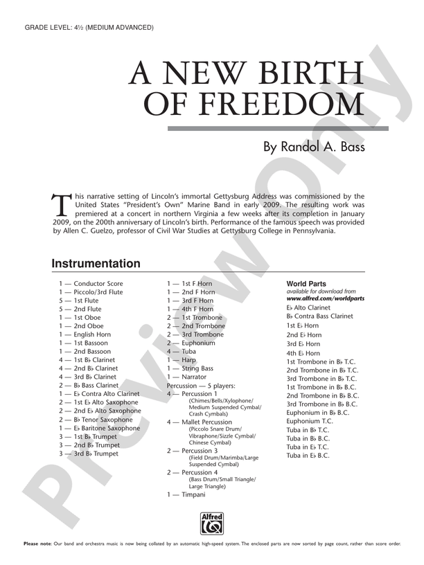 A New Birth of Freedom Concert Band Conductor Score & Parts Randol