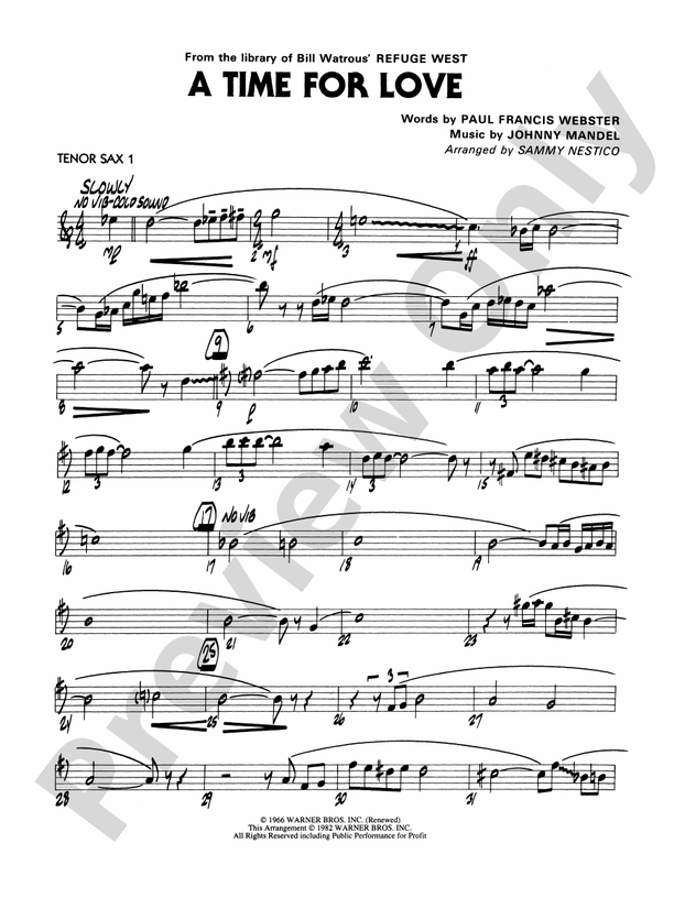 A Time for Love Bflat Tenor Saxophone Bflat Tenor Saxophone Part