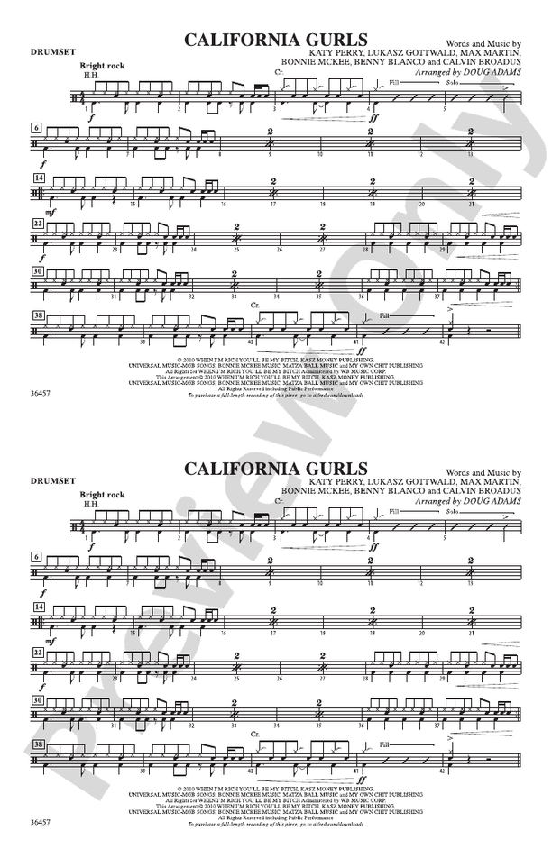 California Gurls Drumset Drumset Part Digital Sheet Music Download