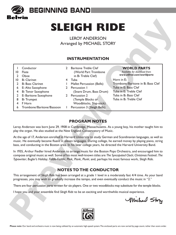 Sleigh Ride Concert Band Conductor Score & Parts Leroy Anderson