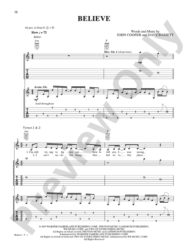 Believe Guitar Skillet Digital Sheet Music Download