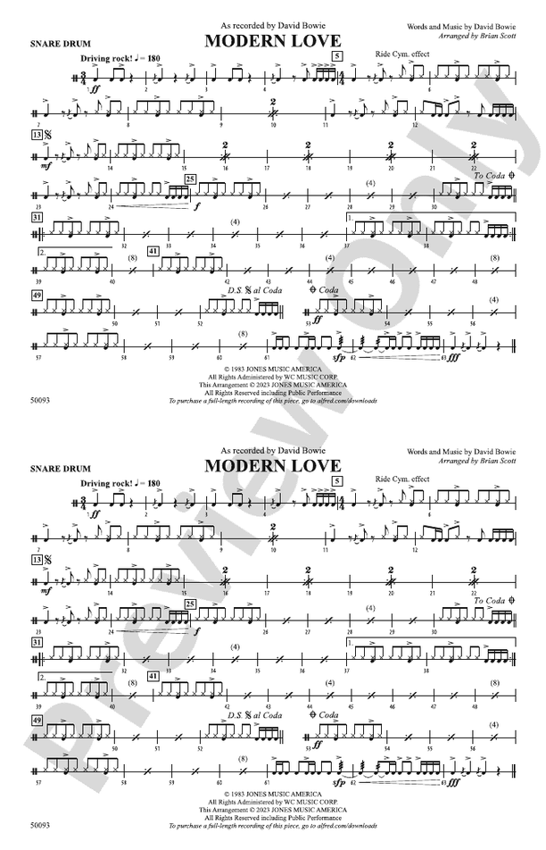 Modern Love Snare Drum Snare Drum Part Digital Sheet Music Download