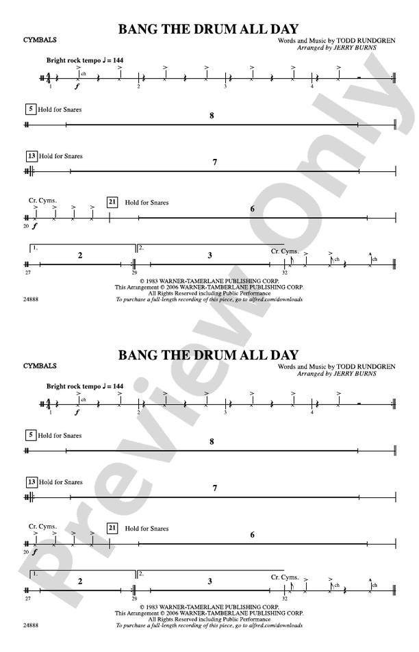 Bang the Drum All Day Cymbals Cymbals Part Digital Sheet Music Download