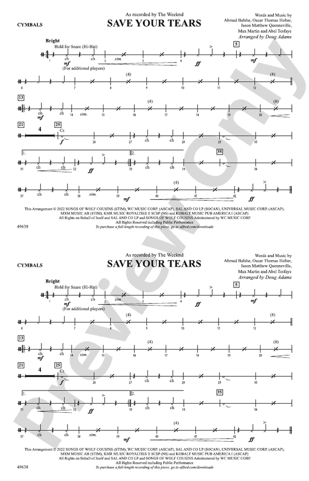 Save Your Tears Cymbals Cymbals Part Digital Sheet Music Download