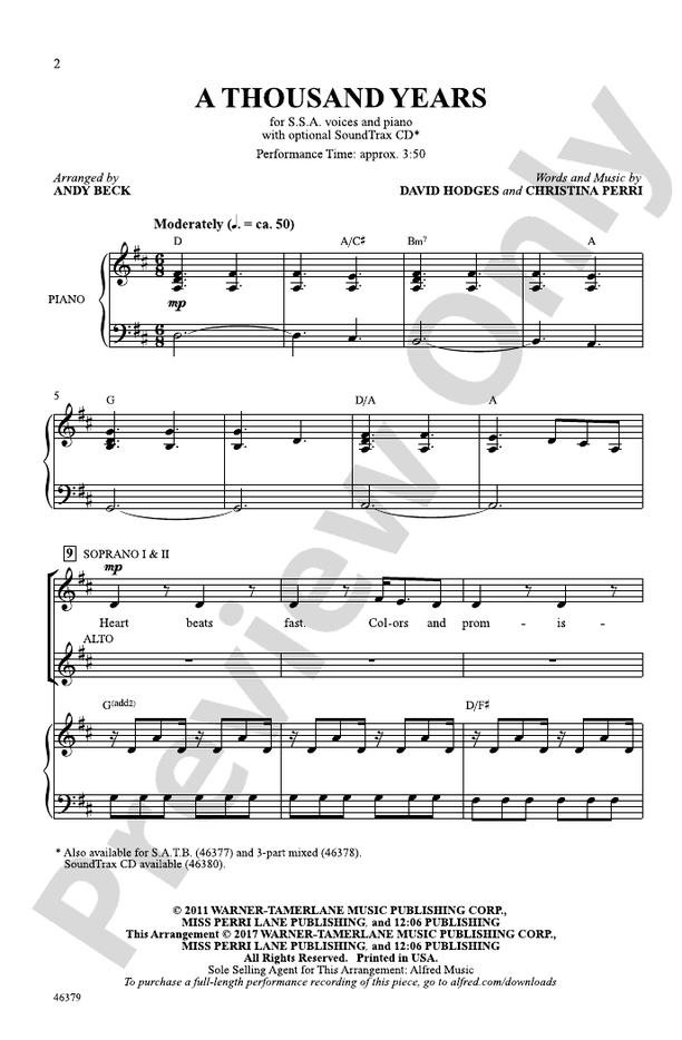 A Thousand Years SSA Choral Octavo David Hodges Digital Sheet Music