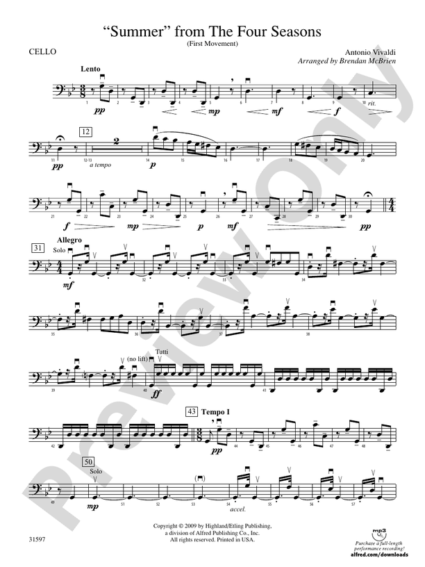 "Summer" from The Four Seasons Cello Cello Part Digital Sheet Music