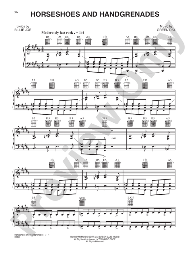 Horseshoes and Handgrenades Piano/Vocal/Chords Green Day Digital