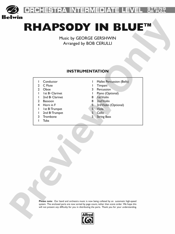 Rhapsody in Blue Full Orchestra Conductor Score & Parts
