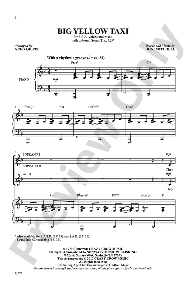 Big Yellow Taxi SSA Choral Octavo Joni Mitchell Digital Sheet Music