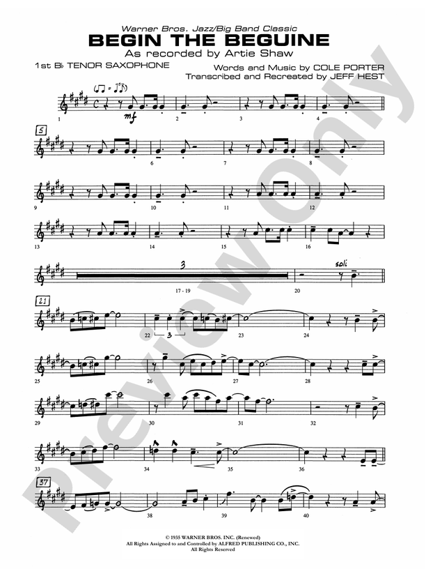 Begin the Beguine Bflat Tenor Saxophone Bflat Tenor Saxophone Part Digital Sheet Music