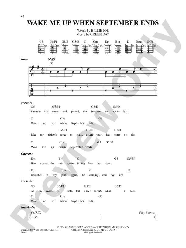 Wake Me Up When September Ends Guitar Green Day Digital Sheet Music
