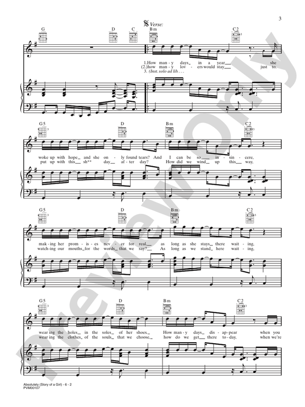 Absolutely (Story of a Girl) Piano/Vocal/Chords Nine Days Digital