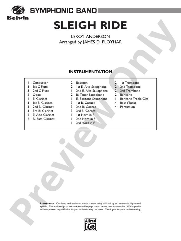 Sleigh Ride Concert Band Conductor Score & Parts Leroy Anderson