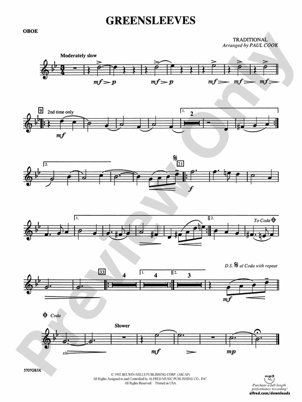 Greensleeves Oboe Oboe Part Digital Sheet Music Download