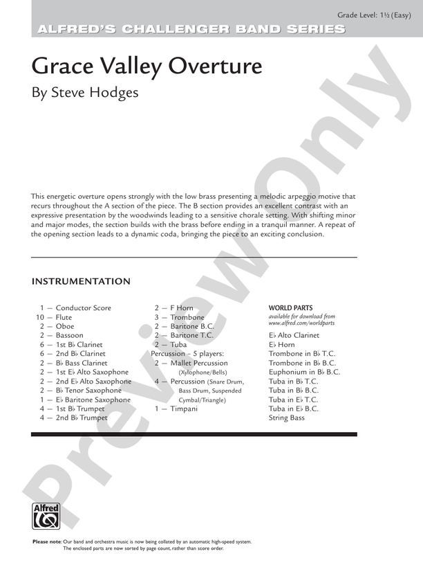 Grace Valley Overture Concert Band Conductor Score & Parts Steve