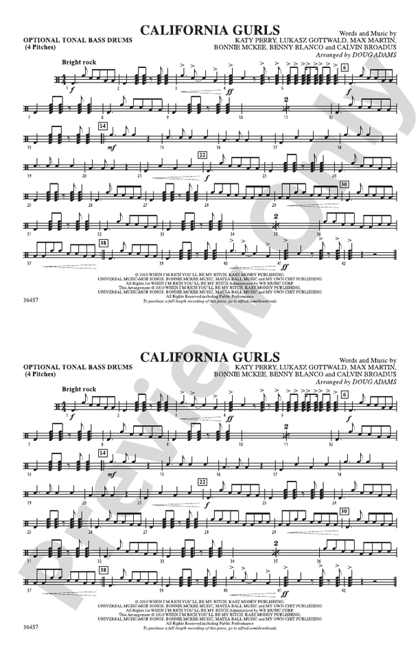 California Gurls Tonal Bass Drum Tonal Bass Drum Part Digital Sheet