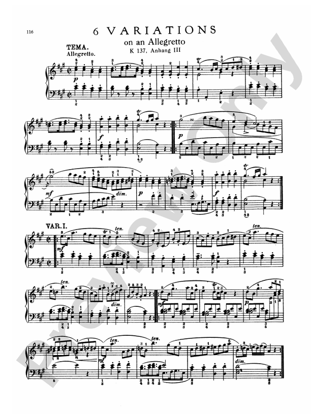 Mozart Variations, Complete 6 Variations on an Allegretto, K. 137, Anhang III Part Digital