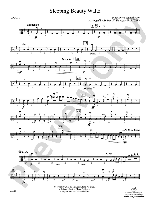 Sleeping Beauty Waltz Viola Viola Part Digital Sheet Music Download