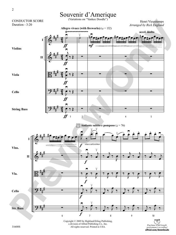 Souvenir d'Amerique Score String Orchestra Score Digital Sheet