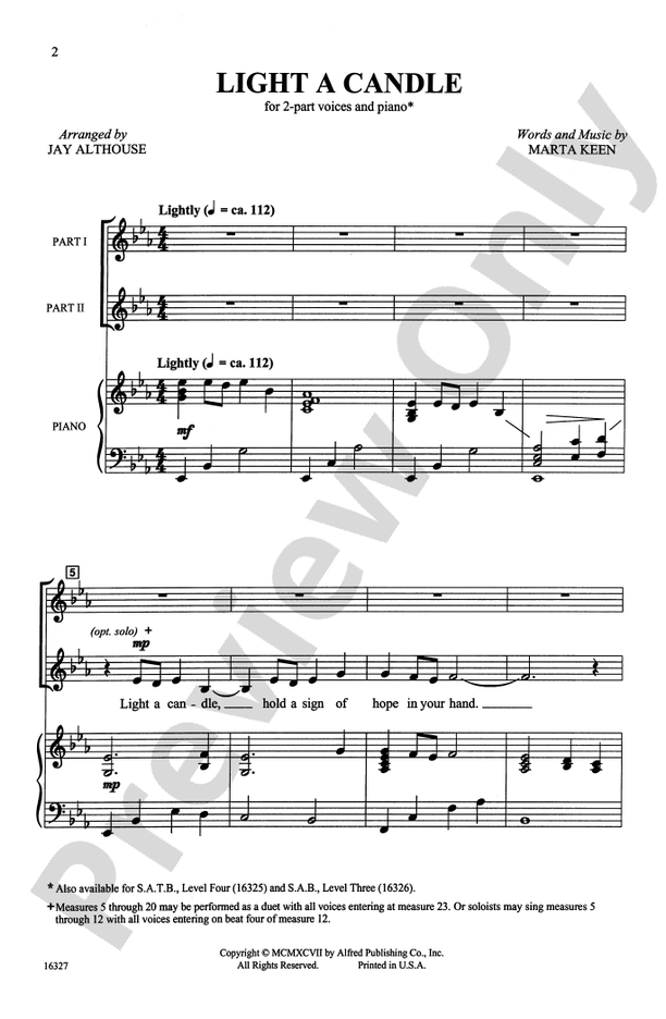 Light a Candle 2Part Choral Octavo Marta Keen Digital Sheet Music