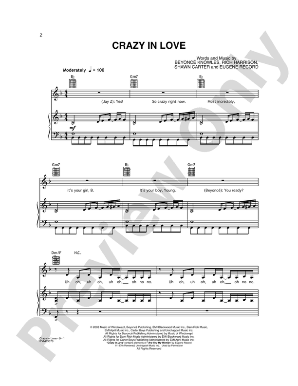 Crazy in Love Piano/Vocal/Chords Beyoncé Digital Sheet Music Download