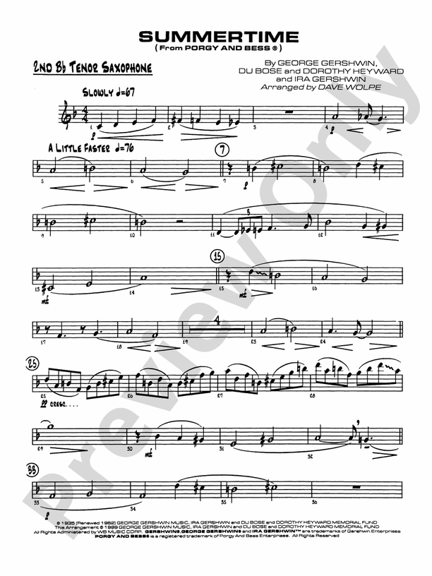 Summertime 2nd Bflat Tenor Saxophone 2nd Bflat Tenor Saxophone Part